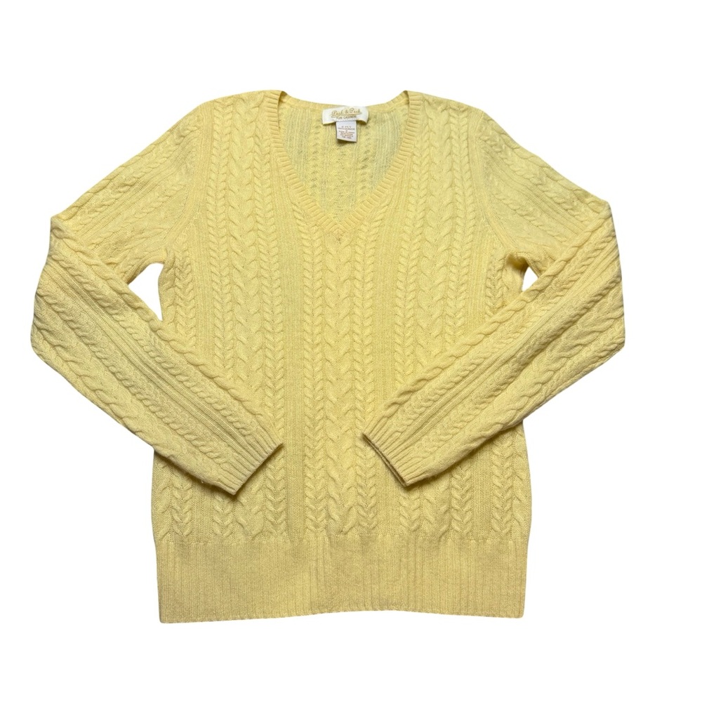 ✨🧶 Peck & Peck 100% Cashmere Cable Knit‎ V-Neck Sweater Soft Yellow Small 🧶✨